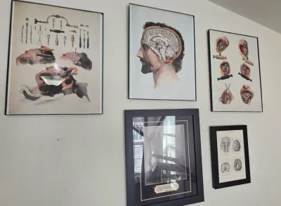 Sale Photo Thumbnail #43: Collection of framed vintage medical and anatomical prints hanging on a wall.