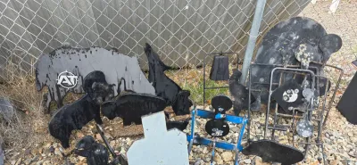 Sale Photo Thumbnail #23: Collection of metal shooting targets in various animal silhouettes, torso shapes, and spinning paddled designs leaning against a chain-link fence.