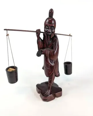 Carved Wood Asian Fisherman with Hanging Pots