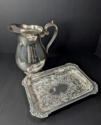Silver Plated Water Pitcher, Ornate Leaf Scrolls Asparagus Dish