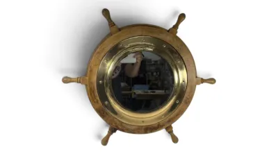 Sale Photo Thumbnail #45: Wood brass ships wheel mirror