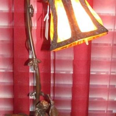 Girl with Cello Figural Bronze Finish Table Lamp with Slag Glass Shade. 