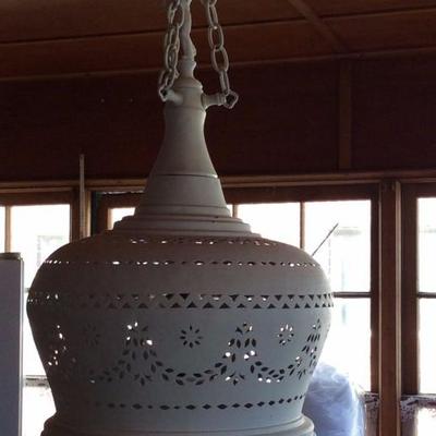 This solid brass "bell' with a very liberated woman standing at the apex is now a chandelier and has been professionally...