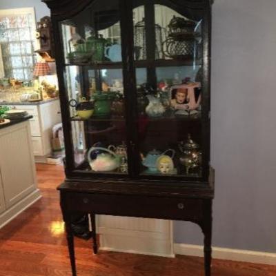 Antique wood cabinet- tea pots all separate