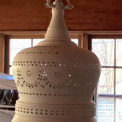 Antique Solid brass bell (!) professional finish in white,  now a hanging chandelier w/ a liberated woman atop! (see photo w/ detail) 