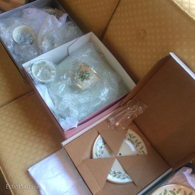 Large selection of Lenox bone China with Christmas motif. Purchased at Frederick & Nelson in original boxes and wrapping