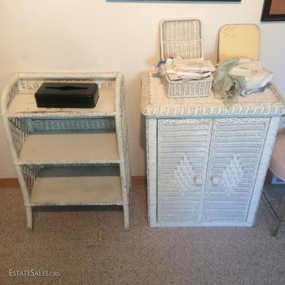 Wicker cupboard and shelf circa 1940s. Large hanky collection in excellent condition 