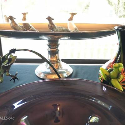 Tim Cottenill 'The Frogman' Bronze Frogs Signed and Numbered, Stuart Abelman Art Glass Vase with Frogs, Serving Platters
