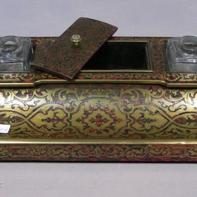 #128 â€“ Antique French Boulle Inkwell, 14â€ w.