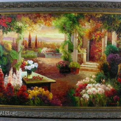 #80 â€“ Very Large Oil on Canvas â€œFloral Tuscan Terraceâ€, Signed, Ornate Frame, Overall 5â€™ x 7â€™.