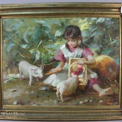 Original Oil " Girl Feeding Pigs"