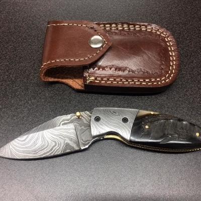 8" Damascus Folding Knife with Bull Horn