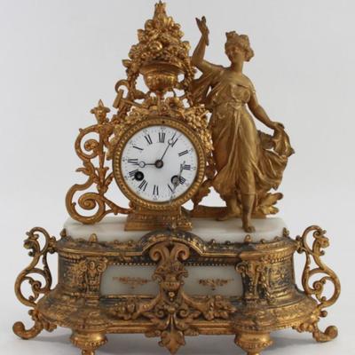 Lot 66: Gilt White Metal & Onyx Figural Clock 