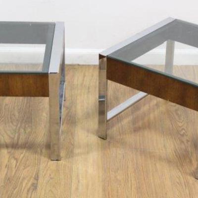 Lot 655: Pair 70s Chrome & Walnut Side Tables