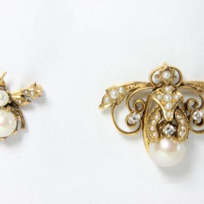 Lot 207: 2-14K Yellow Gold & Pearl Pins 