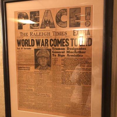 Family Heritage Estate Sales, LLC. New Jersey Estate Sales/ Pennsylvania Estate Sales. The Raleigh Times Peace! Old Newspaper. Framed.