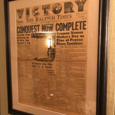  Family Heritage Estate Sales, LLC. New Jersey Estate Sales/ Pennsylvania Estate Sales. The Raleigh Times Peace! Old Newspaper. Framed.