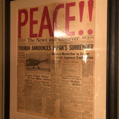  Family Heritage Estate Sales, LLC. New Jersey Estate Sales/ Pennsylvania Estate Sales.  The News and Observer Old Newspaper. Framed. 