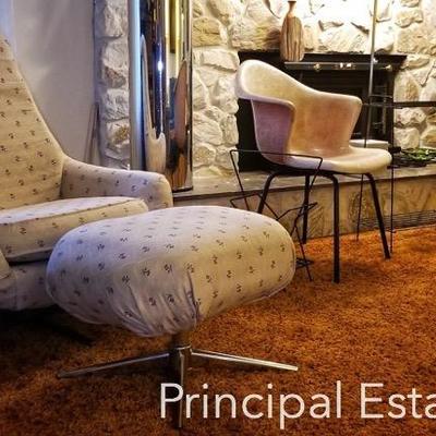 Eames style molded fiberglass armshell chairs, Mid Century wire shelving 