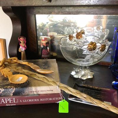 Books, Cobalt Blue Vase, Glass Bowl with Gold Trim,  Hand Carved Wooden Spoons 