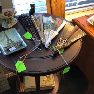 Antique Round Table, Fan collection, Large Collection of Yard Sticks 