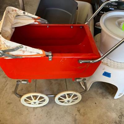 Red Metal Vintage Baby Doll Stroller 
