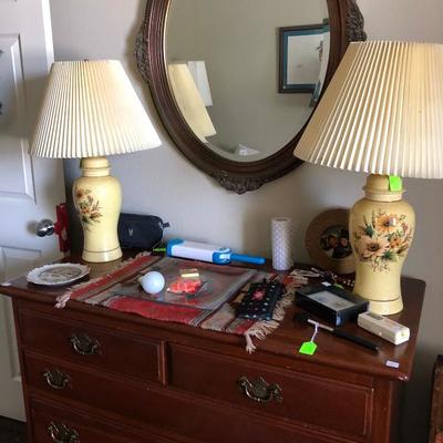 Maple chest, Matching pair of Table Lamps, Antique Oval Mirror, Woven Indian textile 