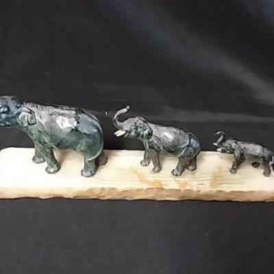 Marble Based Trio of Metal Elephants