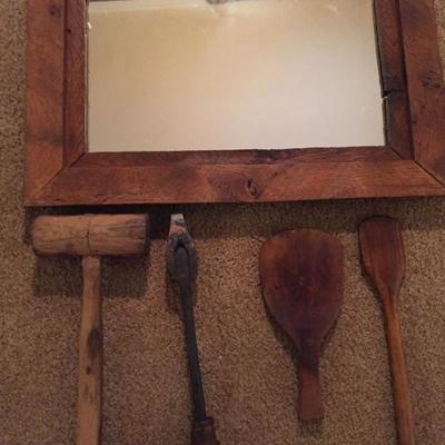 Vintage Wooden Tools and Mirror.