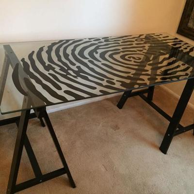 Glass Table on Painted Saw Horses.