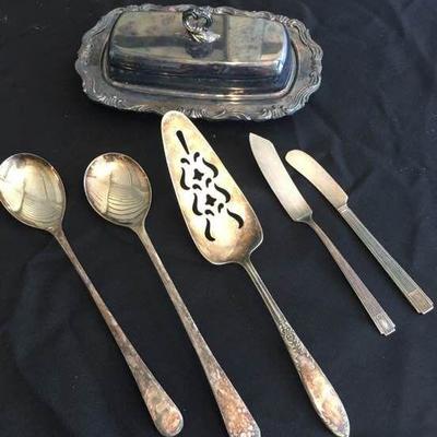 Silver plated utensils and butter dish
