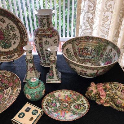 Antique Rose Medallion China Platters, Punch Bowl, Dish & Cat. Over 100 Years Old Beautiful Condition