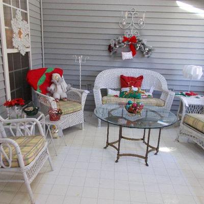 Wicker sofa $125
Wicker chair $75
Wicker chair $75
Magazine rack/table $45
Glass coffee table 29 X 22" $125 [missing one foot]