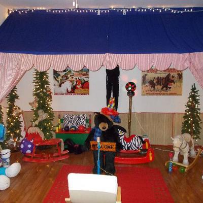 Canopy  & window treatment $275
zebra pillows $12 each
Red rug $55
Tall bear $125
Microphone "as is" $10

Cheetah pillow...