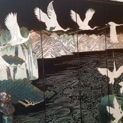 Huge 8 panel carved and painted black lacquer room screen