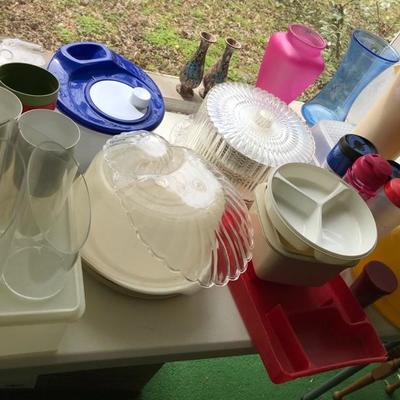 Plastic cake holder, blue vase, pink vase and 2 small vases are SOLD.