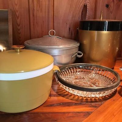 Gold and black ice bucket is SOLD.
Silver rimmed bowl is SOLD.
