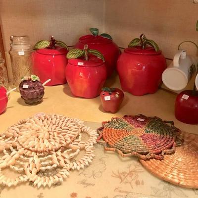 Apple salt shaker is SOLD.
2 wicker trivets are SOLD.