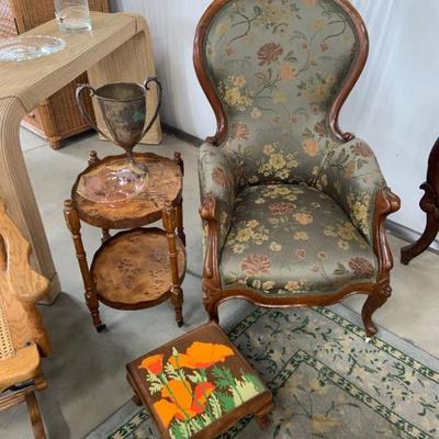 Needle point poppy stool, wing back chair, small tiered side table