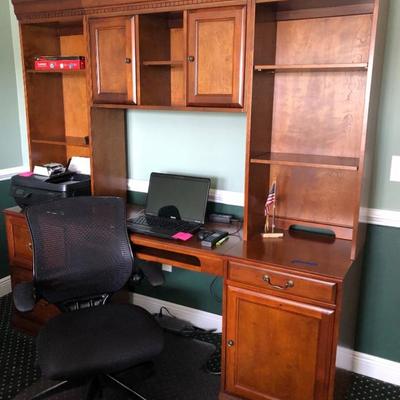  Cherry stain finish desk with hutch, shelves, cupboards, locking file, pullout keyboard (76"W 20"D 76"H) - $500