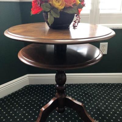 Round pedestal game table w/2 tiers, walnut finish, chessboard top (24"W 26-1/2"H) - $125