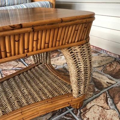 --- Gorgeous woven jute & bamboo w/blue stripe cushions lanai set 	Including: (10% discount on entire set purchase)
	3-cushion sofa...