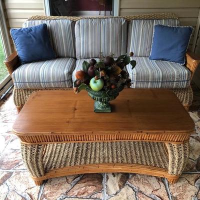 --- Gorgeous woven jute & bamboo w/blue stripe cushions lanai set 	Including: (10% discount on entire set purchase)
	3-cushion sofa...