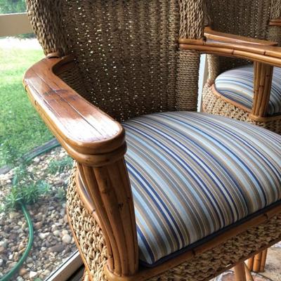 --- Gorgeous woven jute & bamboo w/blue stripe cushions lanai set 	Including: (10% discount on entire set purchase)
	3-cushion sofa...