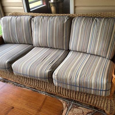 --- Gorgeous woven jute & bamboo w/blue stripe cushions lanai set 	Including: (10% discount on entire set purchase)
	3-cushion sofa...