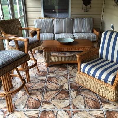 --- Gorgeous woven jute & bamboo w/blue stripe cushions lanai set 	Including: (10% discount on entire set purchase)
	3-cushion sofa...