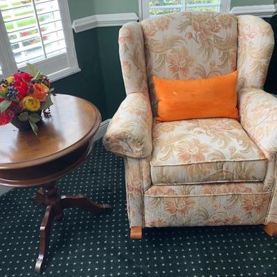 Upholstered Flexsteel rocker (36"W 36"D 36"H) - $325
Round pedestal game table w/2 tiers, walnut finish, chessboard top...