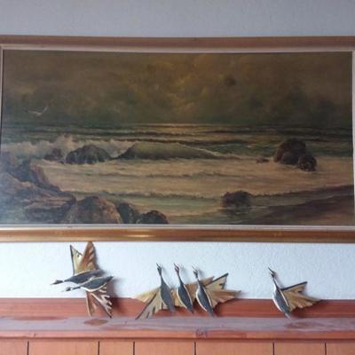 Framed Ocean Scene Signed Print Plus Brass Ducks
