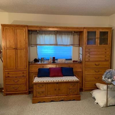 Tower wall unit in 3 parts cupboards can be sold separately from bridge & queen headboard