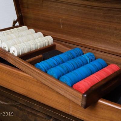 Ceaser Tahoe poker chips and teak storage box
